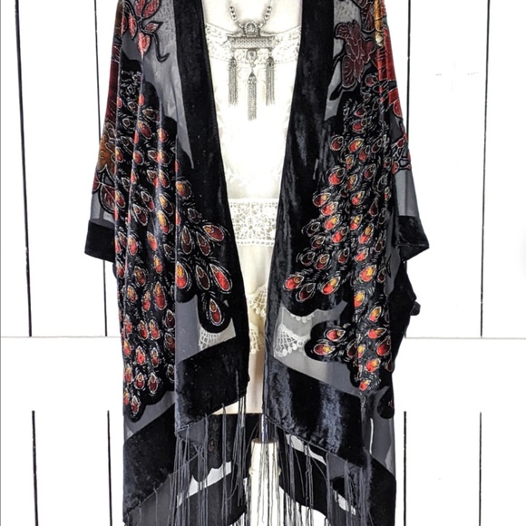 Velvet velour sheer burnout peacock kimono cover up cardigan jacket custom - Picture 2 of 5